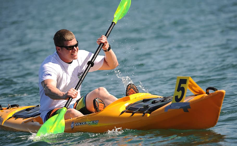 man, boat, daytime, kayaking, kayaker, kayak, water sports, water, sport, activity