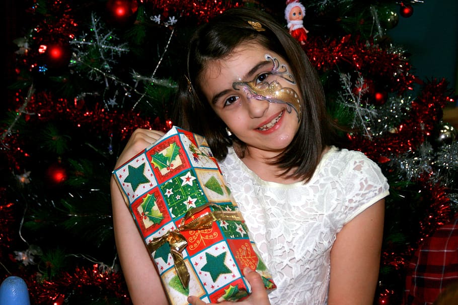 girl, christmas, christmas tree, decorations, holidays, celebration, holiday, front view, decoration, tree