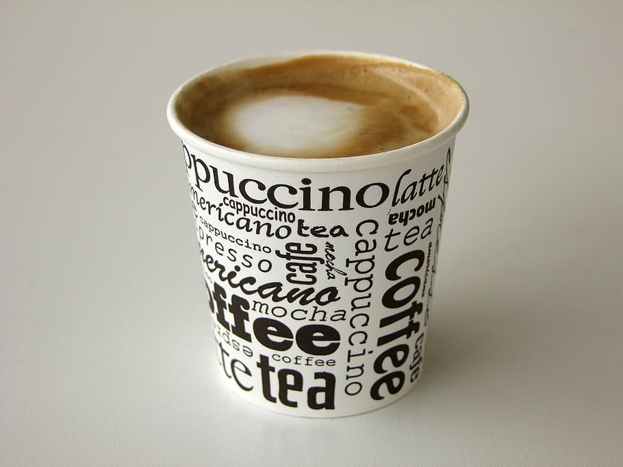 capuchino, desechable, taza, café, taza de café, bebida, espuma de café, café - Beber, bebida de café, comida y bebida