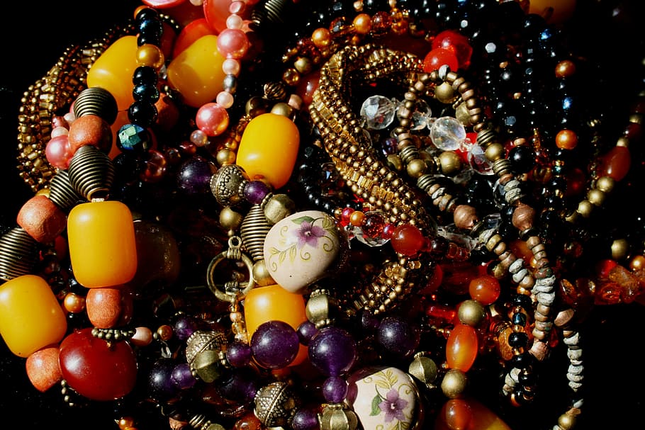 beaded jewelry lot, beads, bead necklaces, multi-colored, amber, amethyst, glass beads, red, yellow, purple