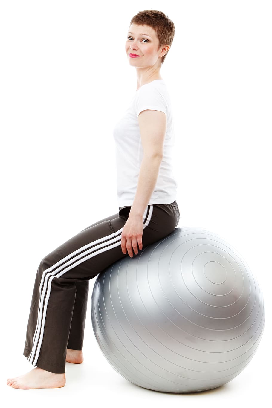 woman, white, shirt, black, sweat pants, sitting, gray, stability ball, grey, exercise ball