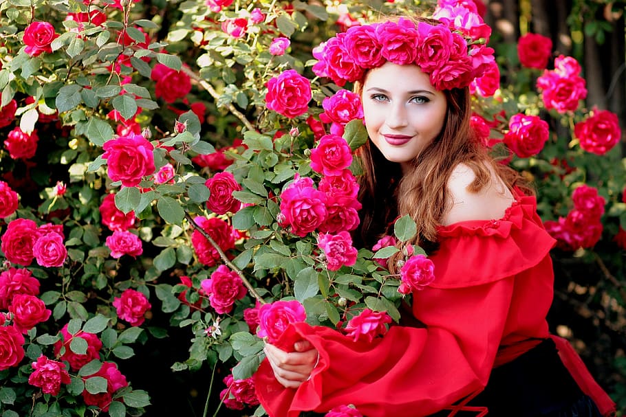woman, wearing, red, off-shoulder, long-sleeved, dress, holding, roses, daytime, girl