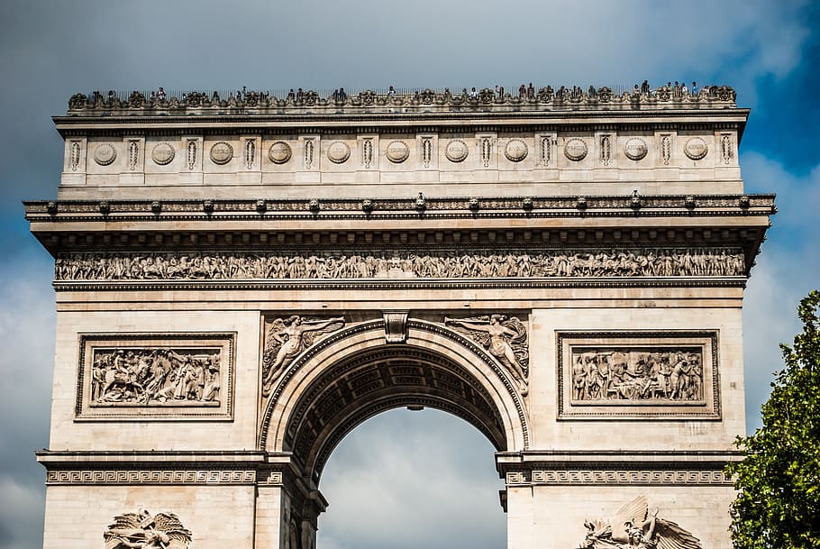 arch of triumph, paris, france, architecture, history, arch, built structure, the past, low angle view, travel destinations
