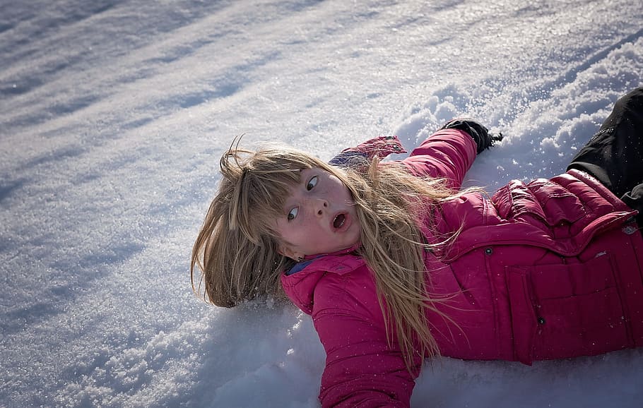 girl, lying, snow, person, human, winter, slip, downhill, schreck, scared