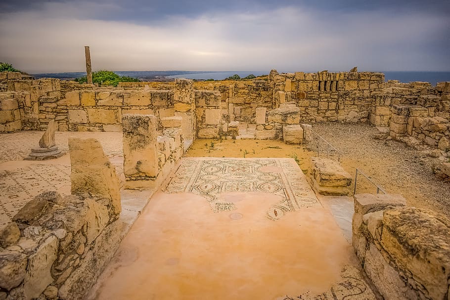 cyprus, kourion, mosaik, pemandangan, langit, awan-awan, horison, kuno, situs, Laut Tengah