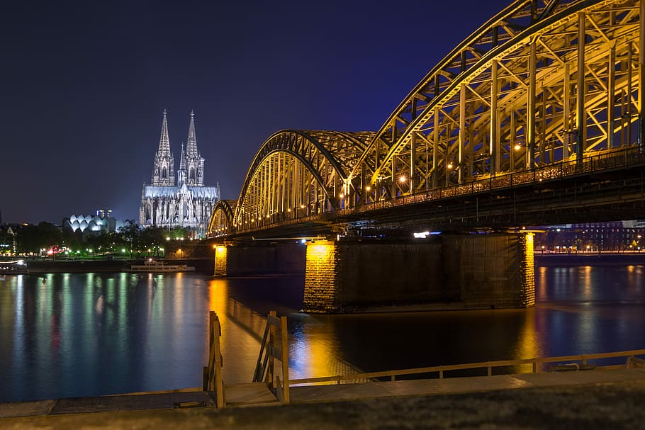 lightened, bridge, nighttime, Dom, Cologne Cathedral, Cathedral, Bridge, cologne, church, old town, deutzer bridge