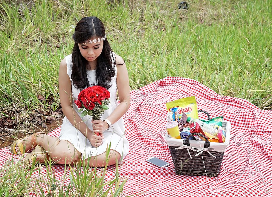 romantic, bouquet, flower, girl, food and drink, food, grass, healthy eating, wellbeing, sitting