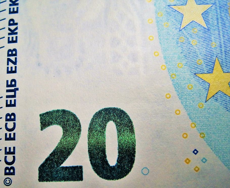 veinte euros, detalle, pago esmeralda, nuevos años veinte, anverso, billete de un dólar, 20, moneda, euro, finanzas