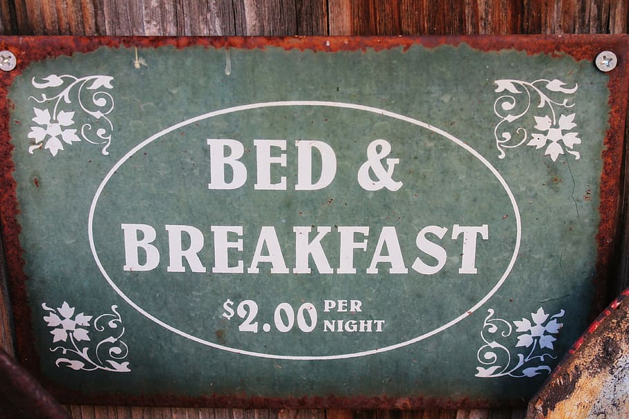 cama, café da manhã, decoração da parede, acomodação, aluguel noturno, café da manhã de cortesia, quarto, decorado, sinal de café da manhã, sinal antigo