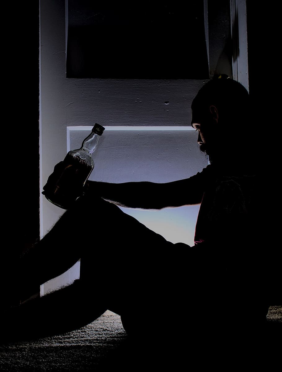 man, sitting, next, door, holding, bottle, liquor, drinking, lonely, drink
