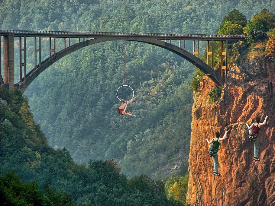 trapeze artist, bridge, river, abyss, cliff, montage, mountain, plant, tree, bridge - man made structure