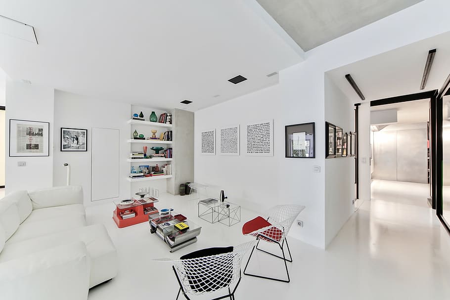 blanco, negro, silla, arreglado, al lado, mesa, estancia, estilo escandinavo, sala blanca, sofá escandinavo