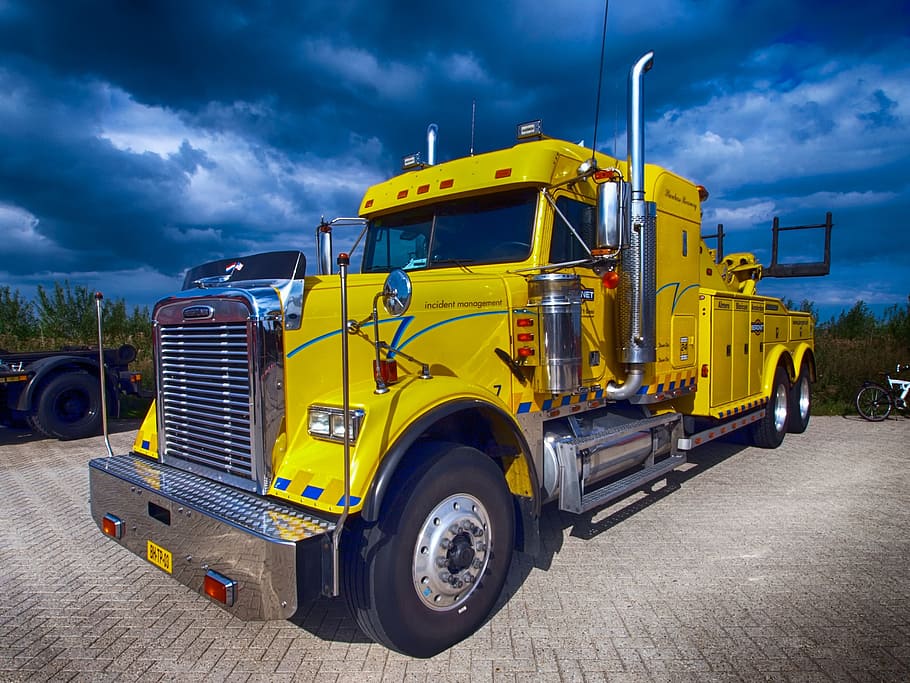 yellow freight truck, truck, vehicle, travel, semi, close-up, macro, sky, clouds, hdr