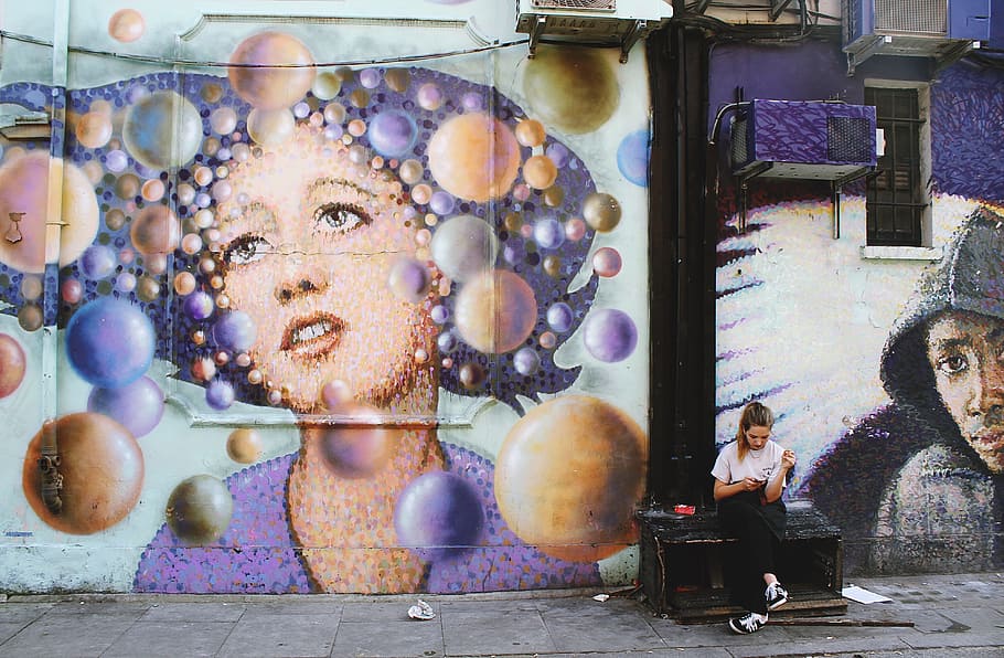 aircon, inside, wall, mural, painting, art, graffiti, people, girl, sitting