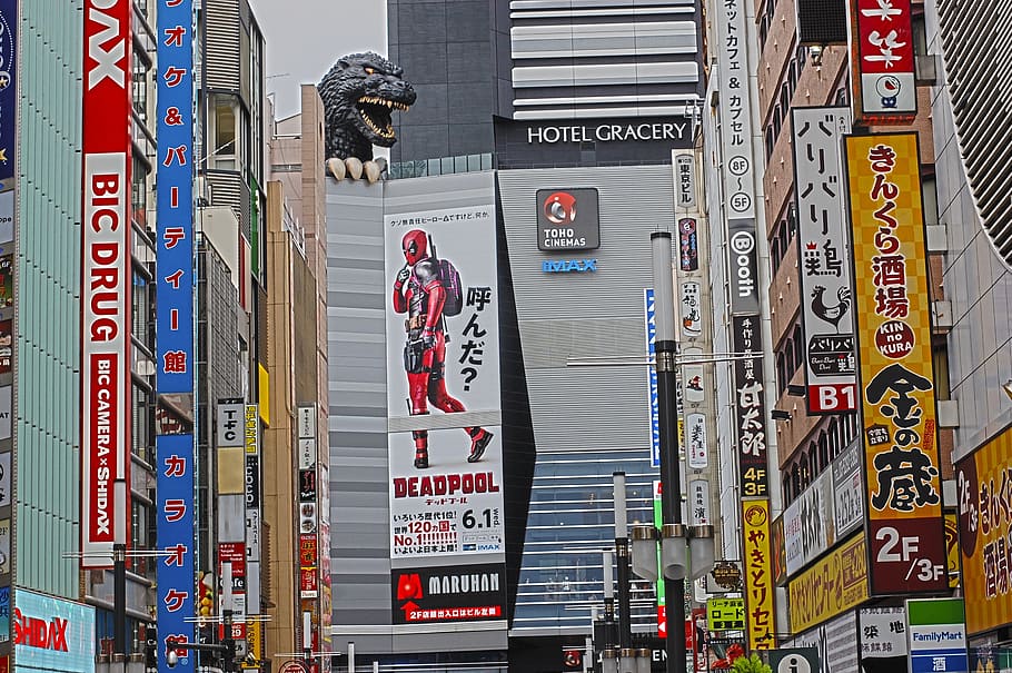 deadpool poster, building, japan, tokyo, houses, city, avenue, architecture, urban, tourism