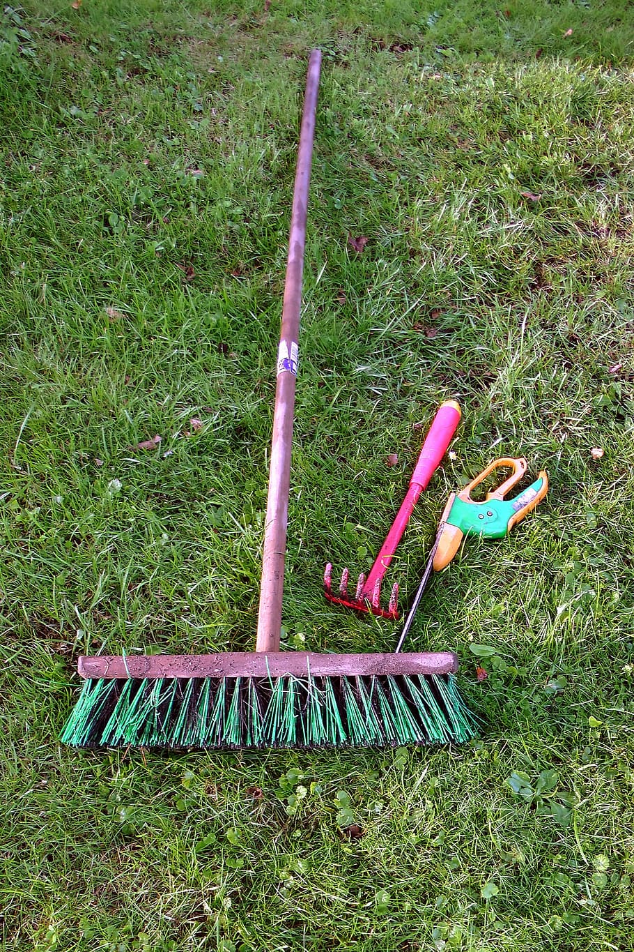 allotment, gardening equipment, broom, rush, nature, green, rake, computing, pruning shears, tool