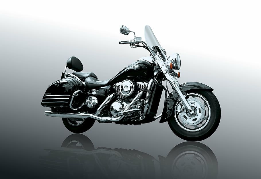black cruiser motorcycle, kawasaki, motorcycle, silver, chopper, metal, motorcycles, side view, chrome, two wheeled vehicle