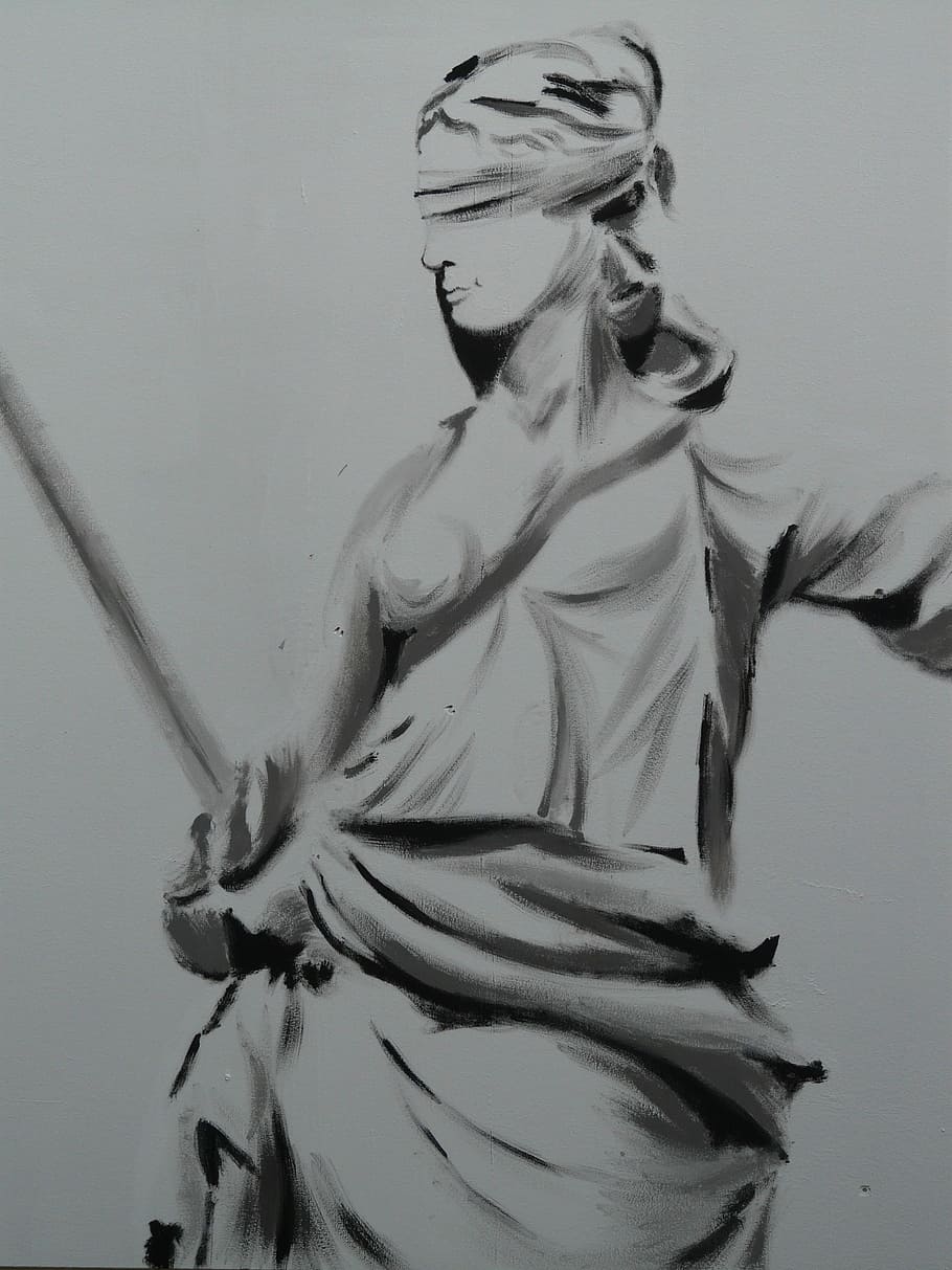 Julgamento, Justitia, justiça, horizontal, espada, gravata, venda nos olhos, mulher, pessoa, abstrato