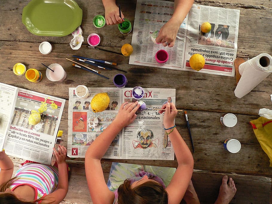 girls painting easter eggs, table, children, painting, wooden table, art, paint, tempera, crafts, colors