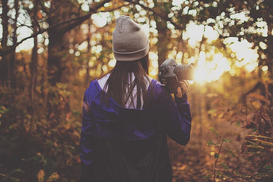 girl, woman, people, hat, toque, photographer, photography, forest, woods, nature