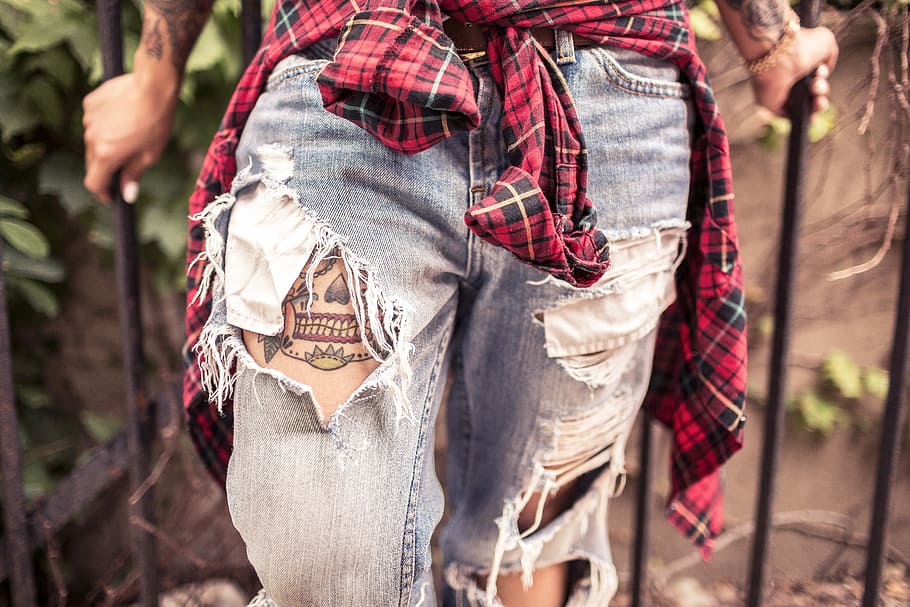 person, wearing, blue, distressed, jeans, people, urban, lazy, rips, plaid