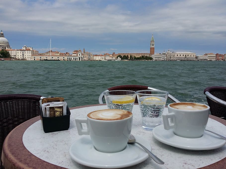 two, ceramic, coffee cups, table, body, water, coffee, cafe, venice, cozy