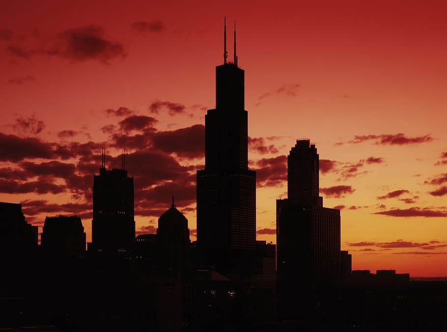 Foto de silueta, edificio, dorado, hora, Chicago, puesta de sol, tarde, rascacielos, ciudad, horizonte
