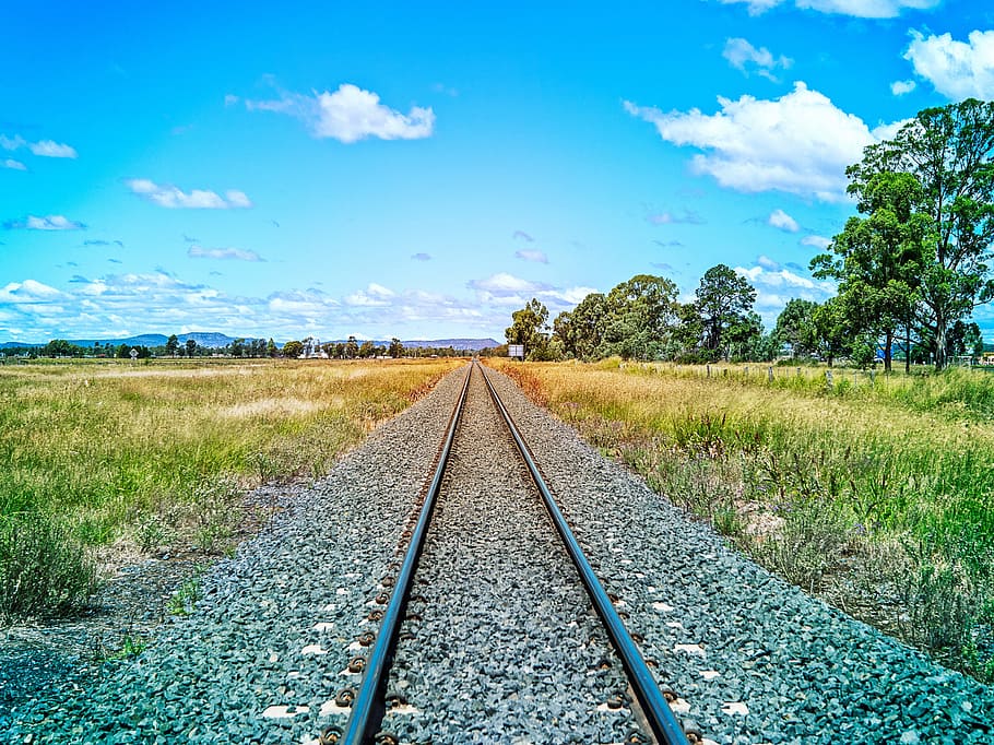 railroad track, green, grass field, train tracks, colour, color, rail road, railroad, travel, transportation