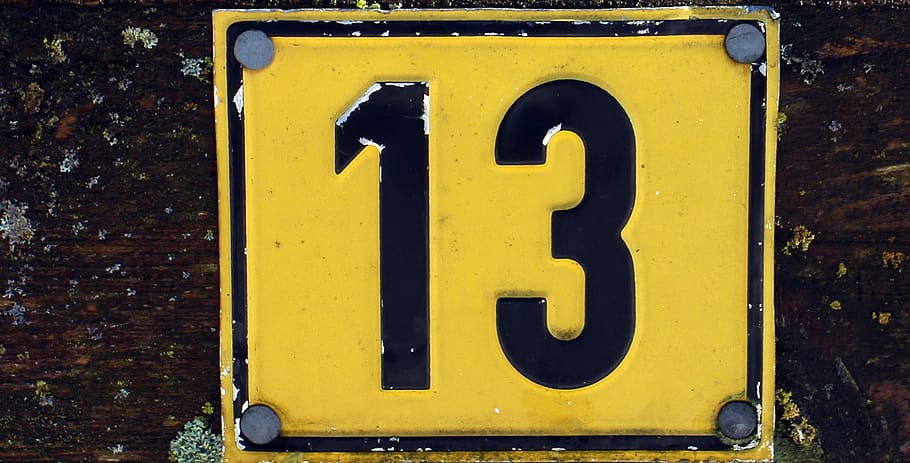 número, símbolo, trece, paga, 13, número impar, desafortunado, amarillo, comunicación, letrero