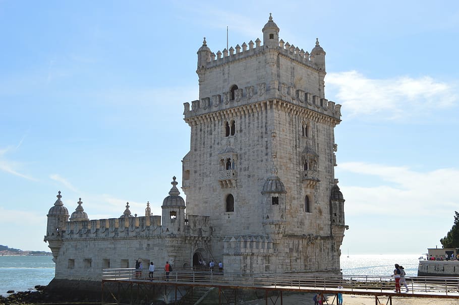 people, standing, gray, concrete, castle, tower, bethlehem, lisbon, portugal, monument