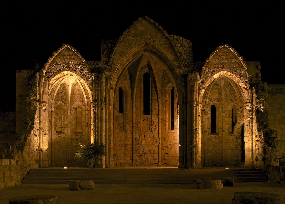 turned, lights, brown, building, church, ruins, night, ancient, architecture, historic