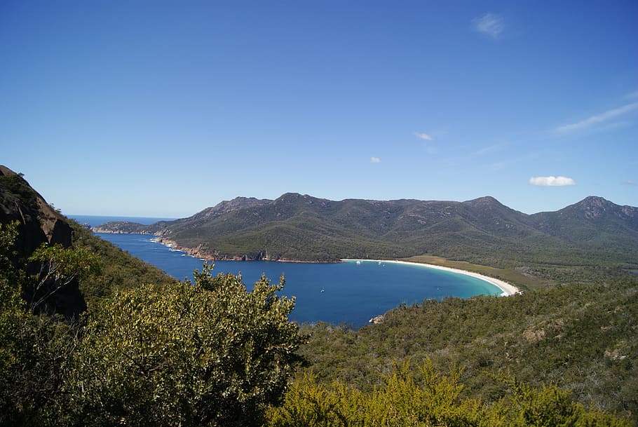 aerial, photography, water, landscape, sea, bay, beach, mountain, wineglass bay, nature