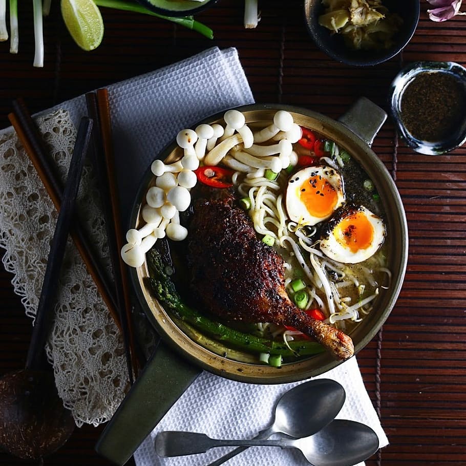 duck ramen, Barbecued, Roasted, Duck, Ramen, japanese, noodles, recipe, soup, top view