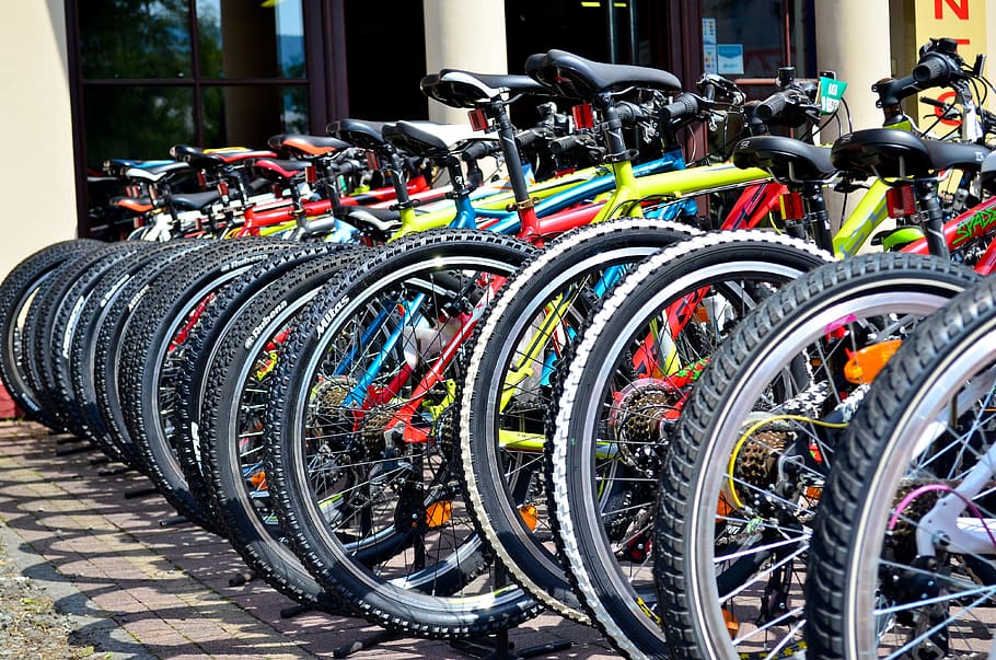 bicycles, color, tires, patterns, wheels, row of bikes, bikes, ride, ridding, texture