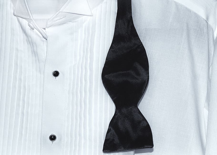 black bow tie, tux, shirt, bow tie, white, formal, clothing, tuxedo, button down shirt, midsection