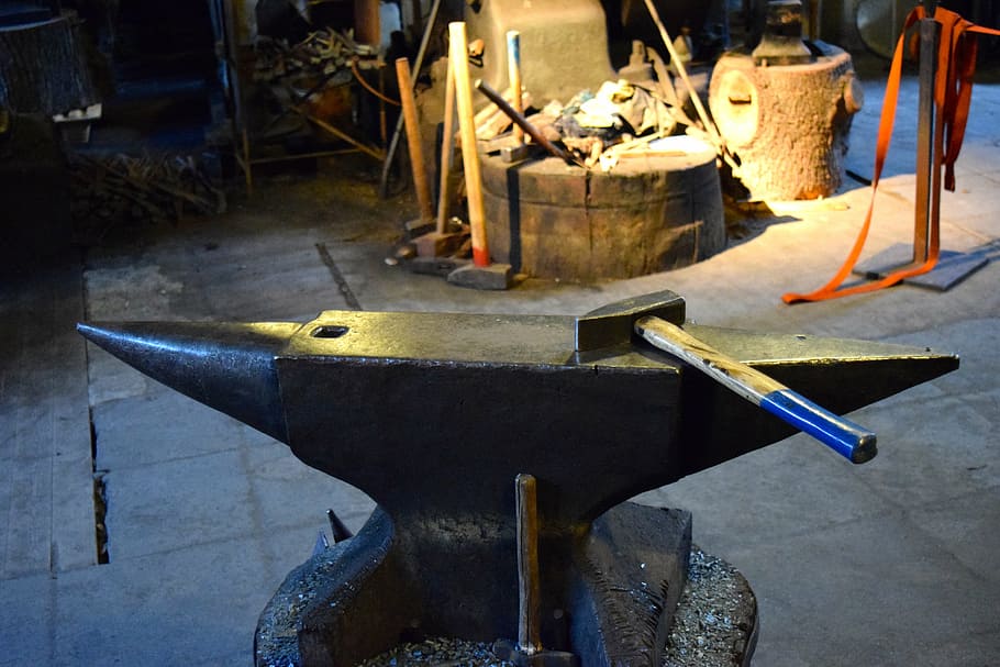 anvil, hammer, forge, craft, workshop, metal, industry, indoors, metal industry, work tool
