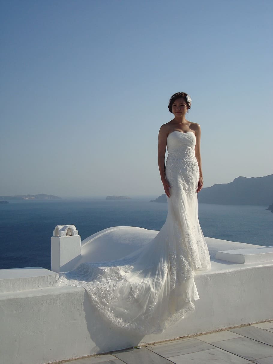 サントリーニ島, ギリシャ, 花嫁, 青, 海, 結婚, 若い大人, 結婚式, 白い色, 一人