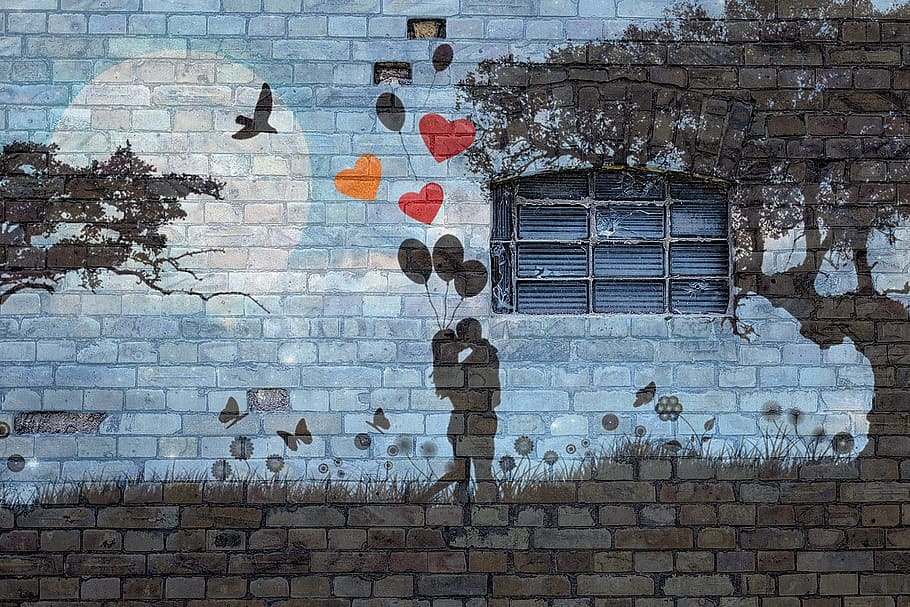 silhouette, couple, kissing, night wall painting, wall, brick, grafitti, window, love, balloons