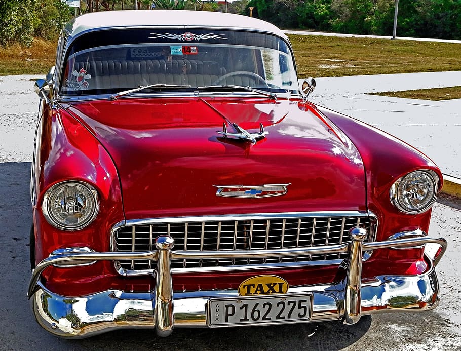 red, chevrolet, bel, air, parked, green, leaf tree, Cuba, Car, Vintage