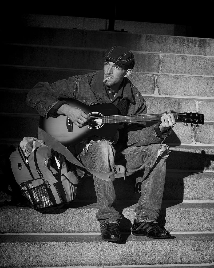 man, black, denim jacket, playing, guitar, people, homeless, musician, street, person