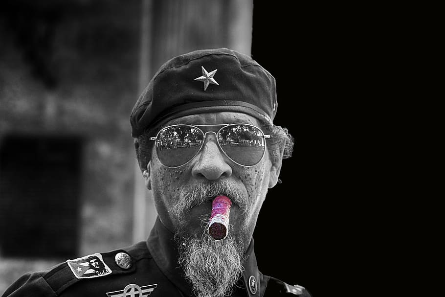 selective, color photography, tobacco, havana, cigar, black and white, cap, star, man, original