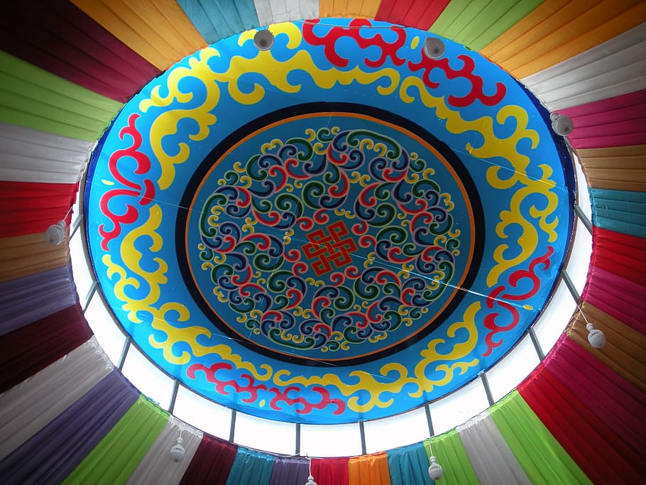 yurts, colorful, dome, pattern, multi colored, architecture, built structure, low angle view, design, ceiling
