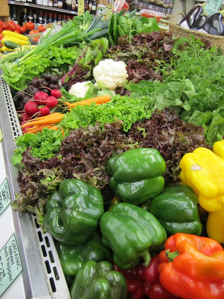 зеленый, перец болгарский, рядом, желтый, овощи, рынок, продукция, еда, свежий, здоровый