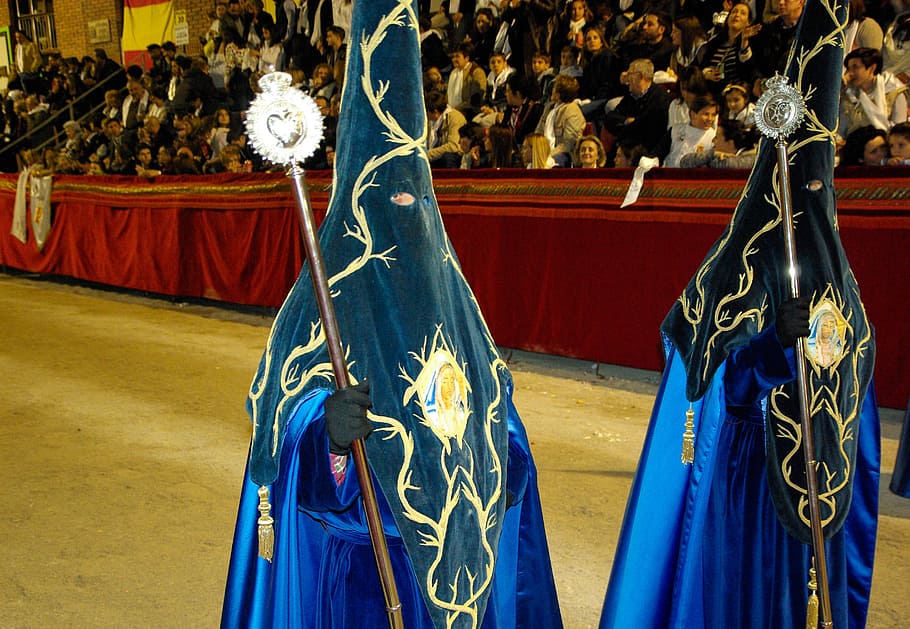 spain, lorca, holy week, penitents, embroidery, gold, blue, day, arts culture and entertainment, outdoors