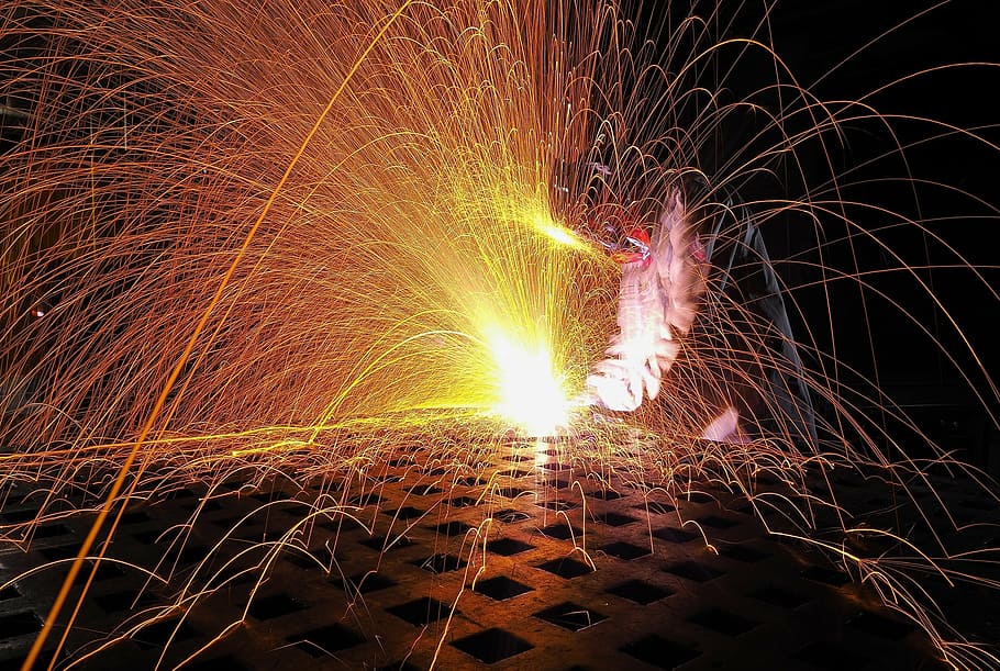 time lapse photography, steelworks, welding, welder, bright, sparks, colorful, construction, metal, worker