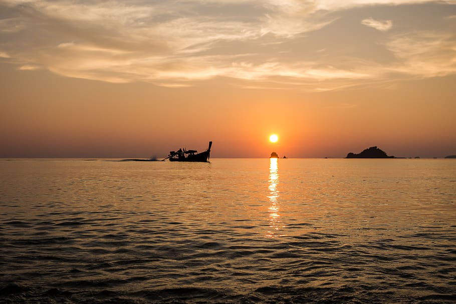fishing boat, thailand, old, kho lipe, island, sea, lipe, waters, sunset, boat