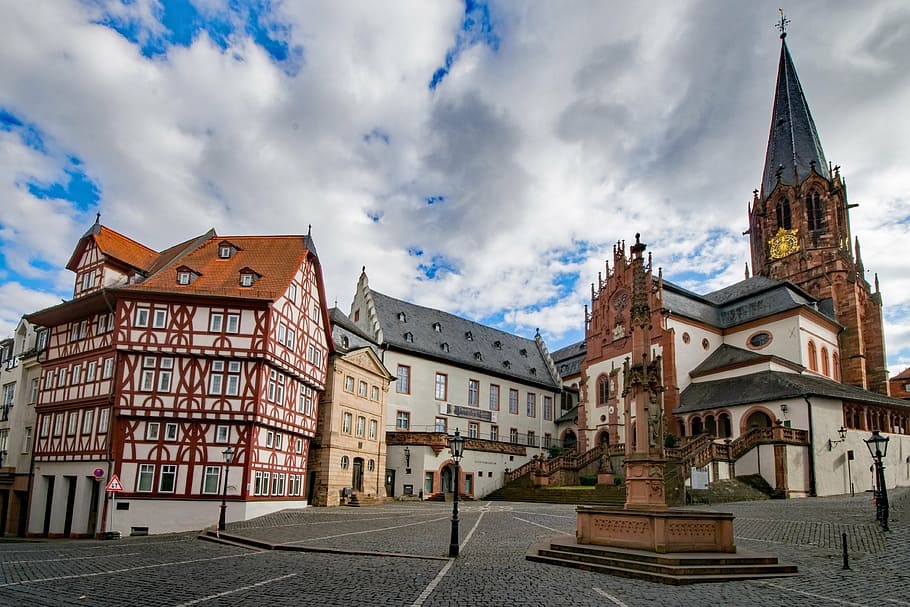 collegiate basilica, aschaffenburg, lower franconia, bavaria, germany, old town, truss, fachwerkhaus, places of interest, basilica minor
