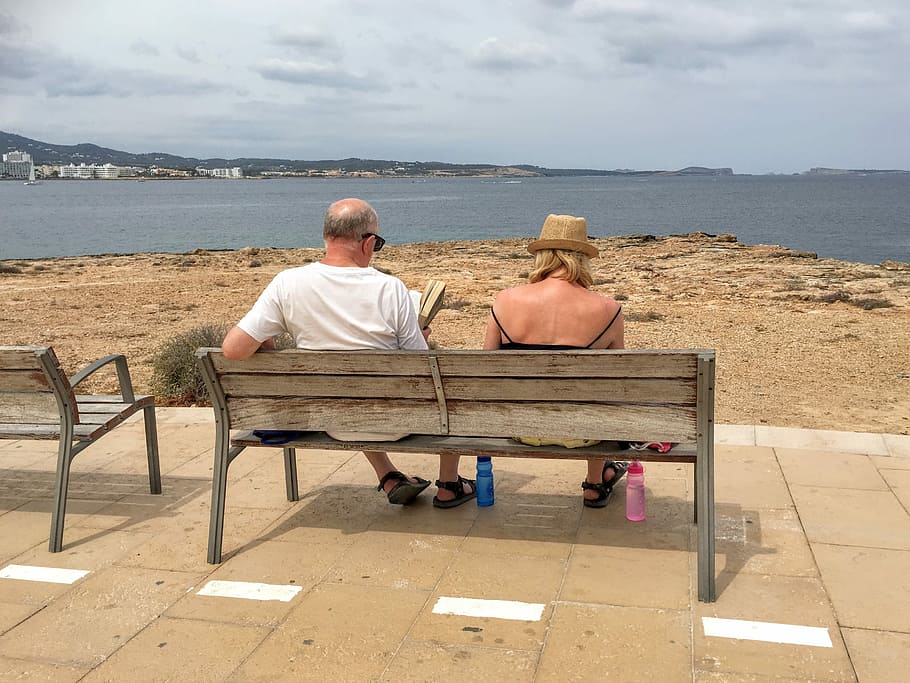 Holiday, Ibiza, Spain, Seniors, Bench, ibiza, spain, view, read, lounge, live on one's private means