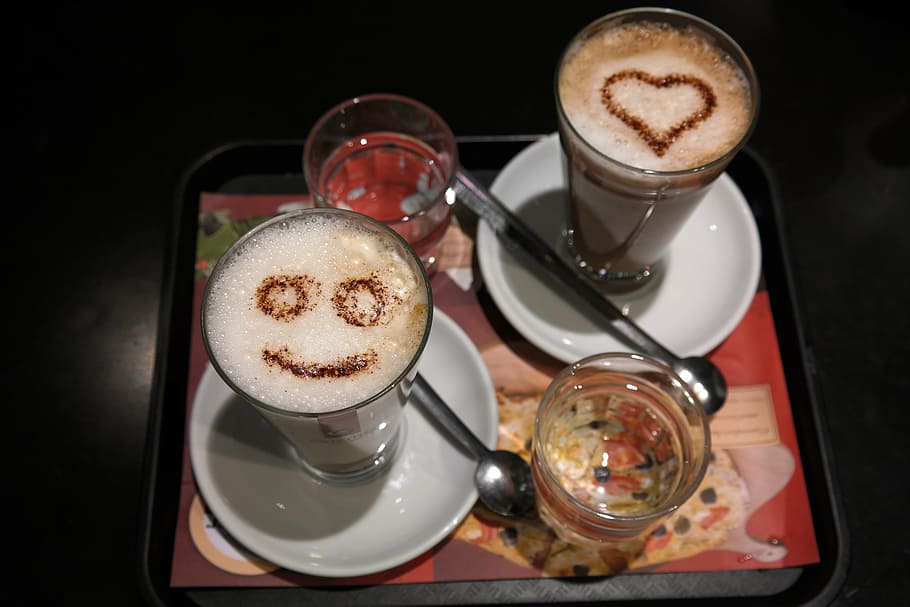 two, glass, latte, white, ceramic, saucer, coffee, café au lait, face, heart