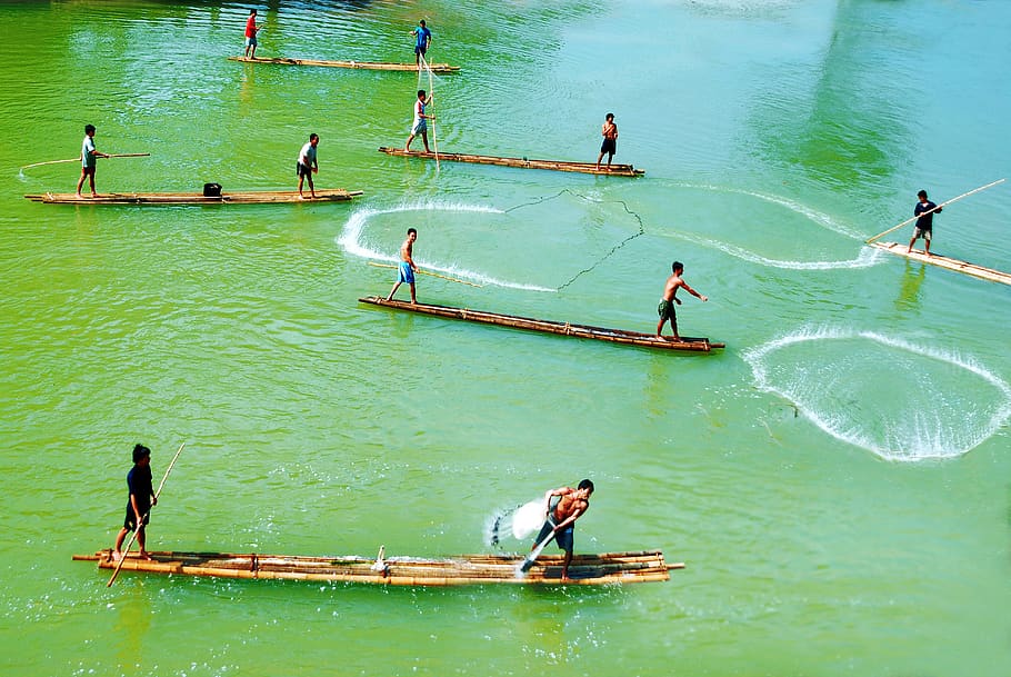los pescadores de vietnam lanzando la red, pescando, pescando can la música del río, agua, grupo de personas, personas reales, hombres, vista de ángulo alto, frente al mar, personas